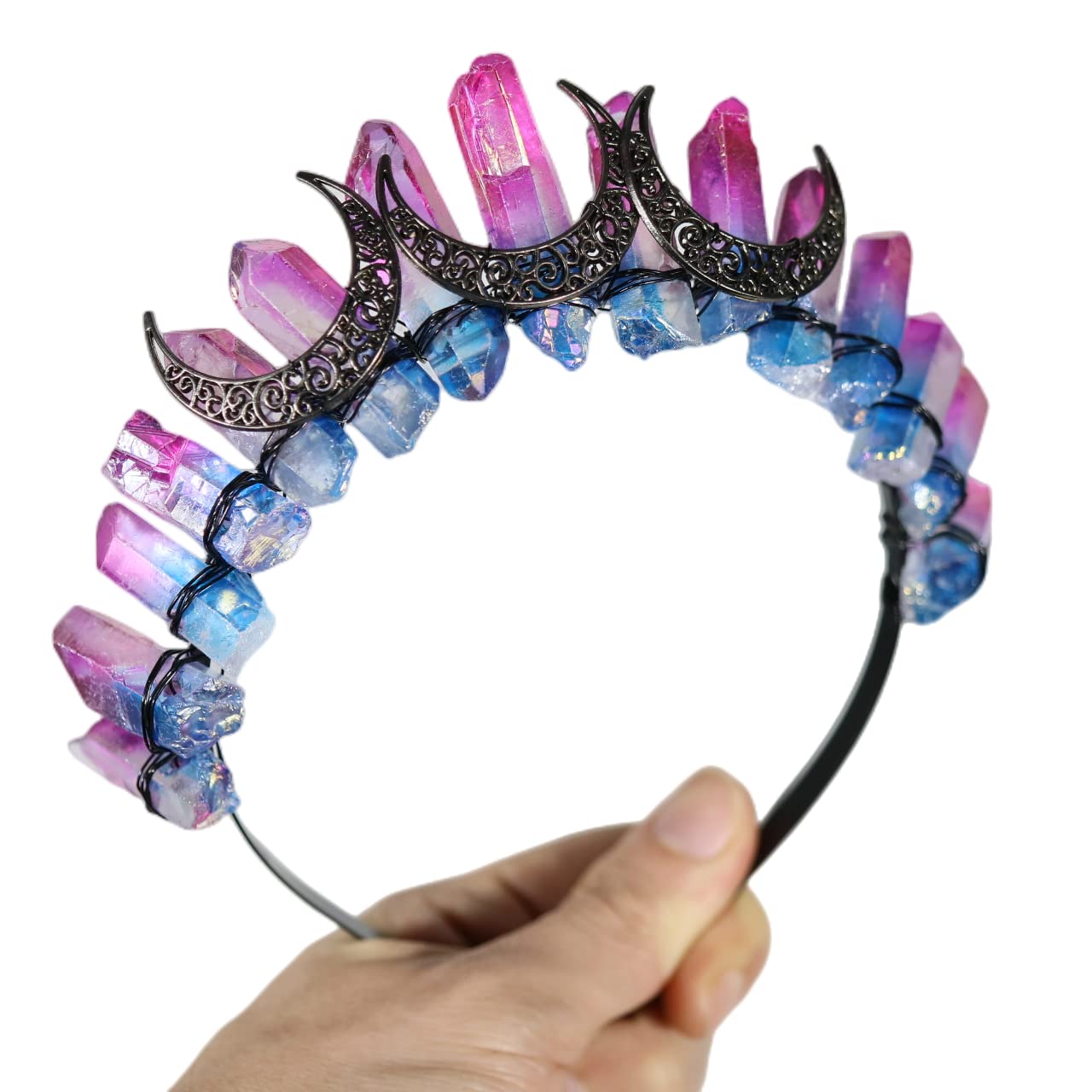 Mixed Coating Raw Crystal Quartz Crown Dark Moon Charm Clear Crystal Headband Boho Aura Crystal Tiara Witch Wiccan Theme Bride Renaissance Fair Headpiece