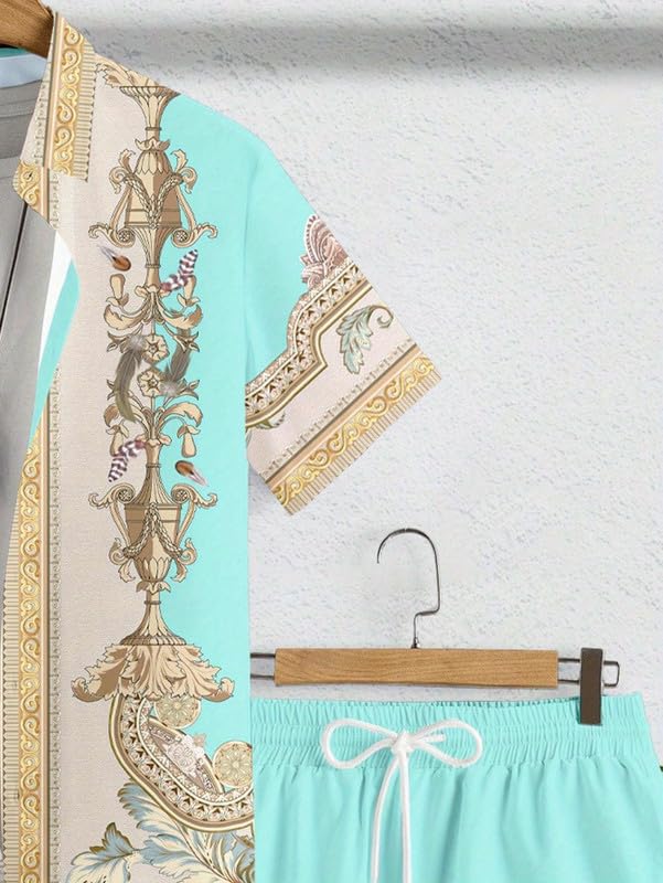 Men's Matching Shirt and Shorts Set Luxury Retro Hawaiian Shirt Sets Palace Embossed Flower Print Vacation Outfits3