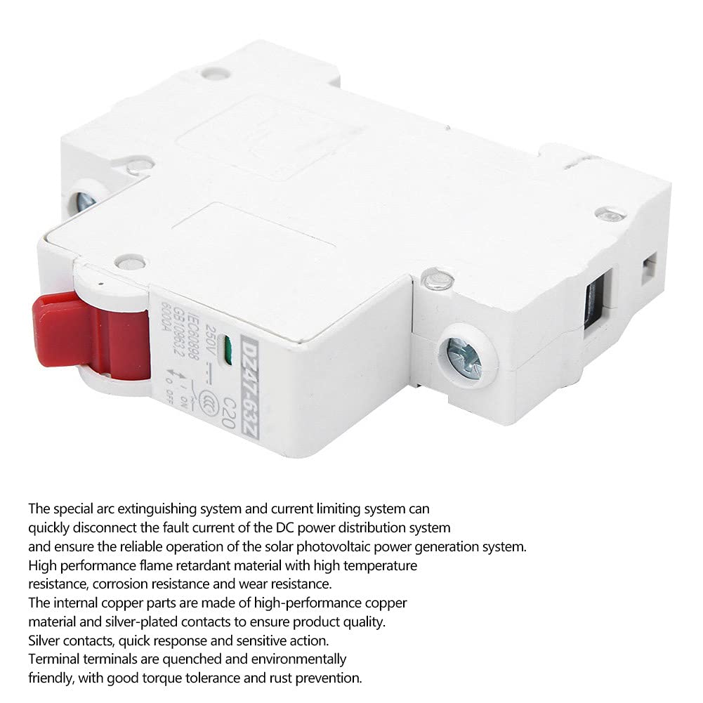 12 sztuk DZ47-63Z DC250V 1P MCB, miniaturowy wyłącznik nadprądowy do systemów fotowoltaicznych, przełącznik powietrza prądu stałego ze srebrnymi stykami i montażem szynowym (20A)