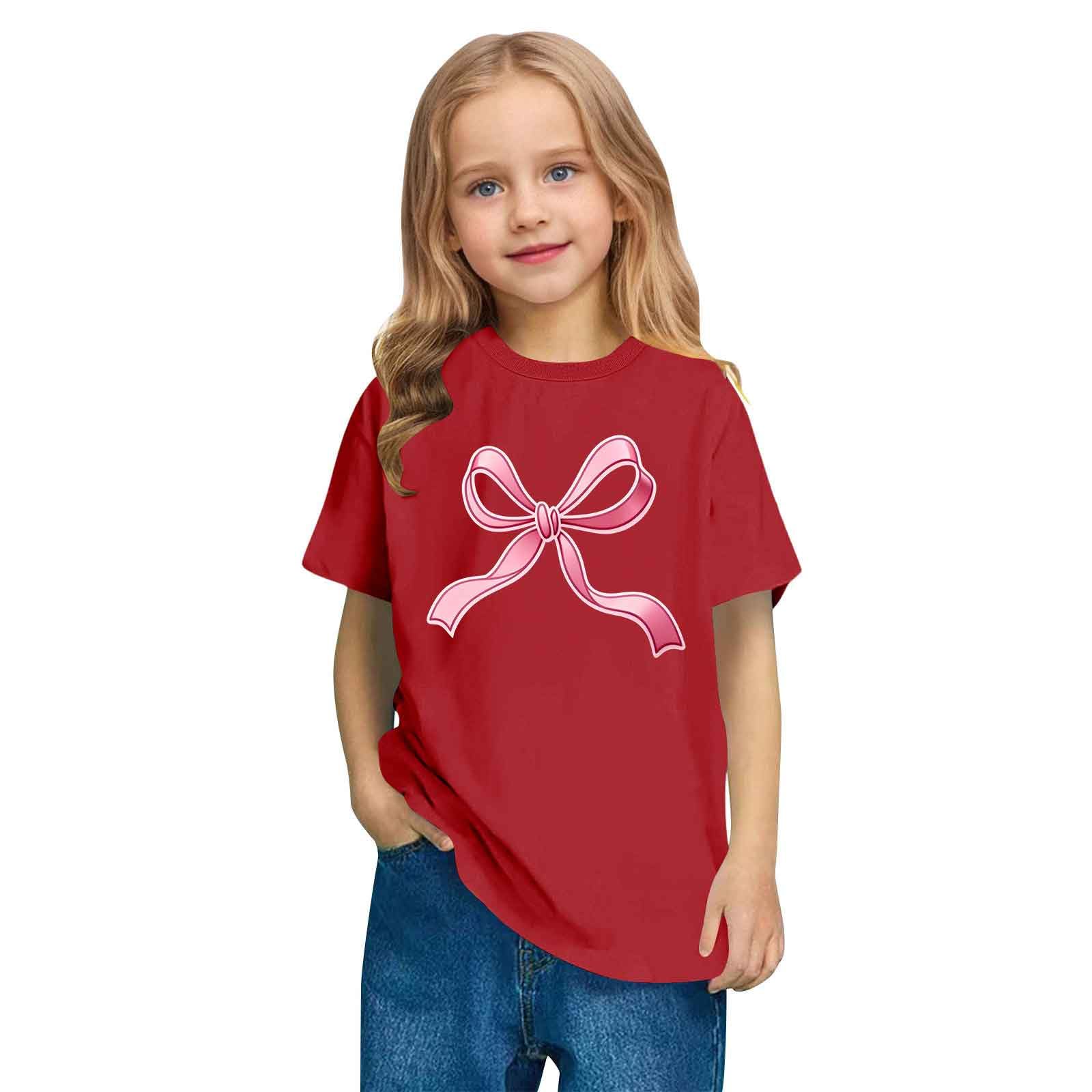 KODMNSW T-Shirt für Mädchen Sommer Kurzarm Tshirt Kinder Süße Oberteile mit Schleife-Print Basic Shirt Rundhals Casual Kindershirt Locker Kurzarmshirt Sportshirt Sommershirt Rot 150