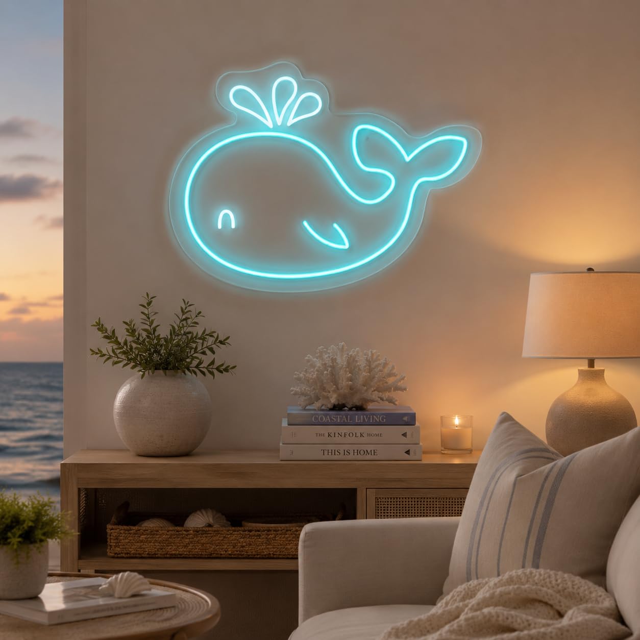 Letrero Ballena de Mar Cartel Luminoso LED Escaparate, Decoración de Pared en Metacrilato, Luz Brillante, aproximadamente 50cm alimentación 12v