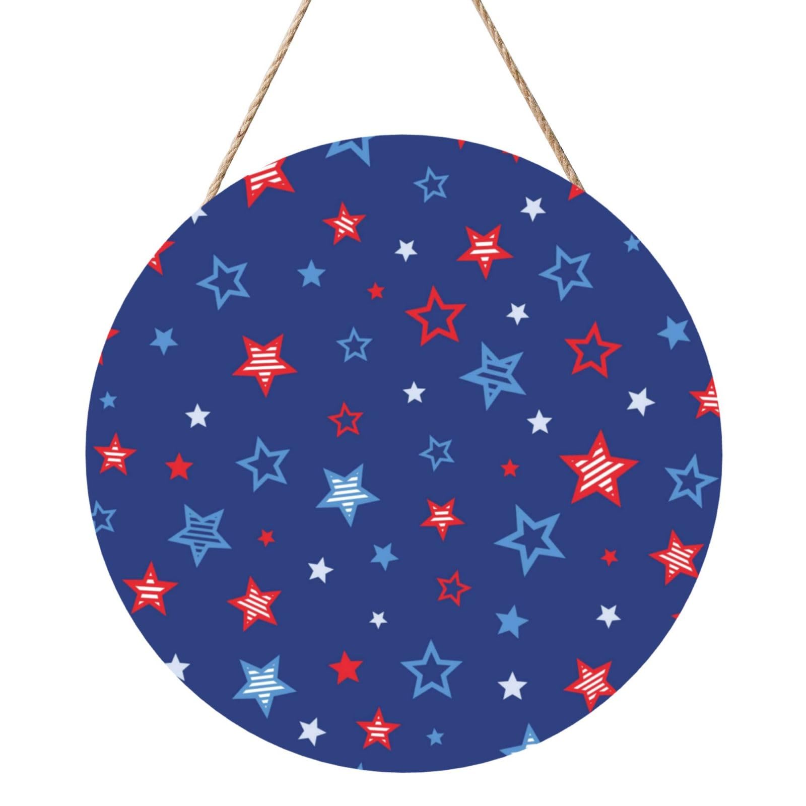 InOmak Red Blue Stars, Round Wood Panel Painting 12 in, Wall Hanging Painting For Home