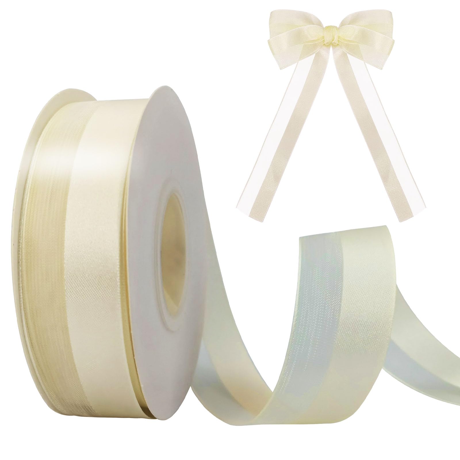 25mm 22M Organza Chiffon Satin Ribbon for Crafting Gift Wrapping, Hair, Wedding Car, Double Sided Cake Decoration (Cream)
