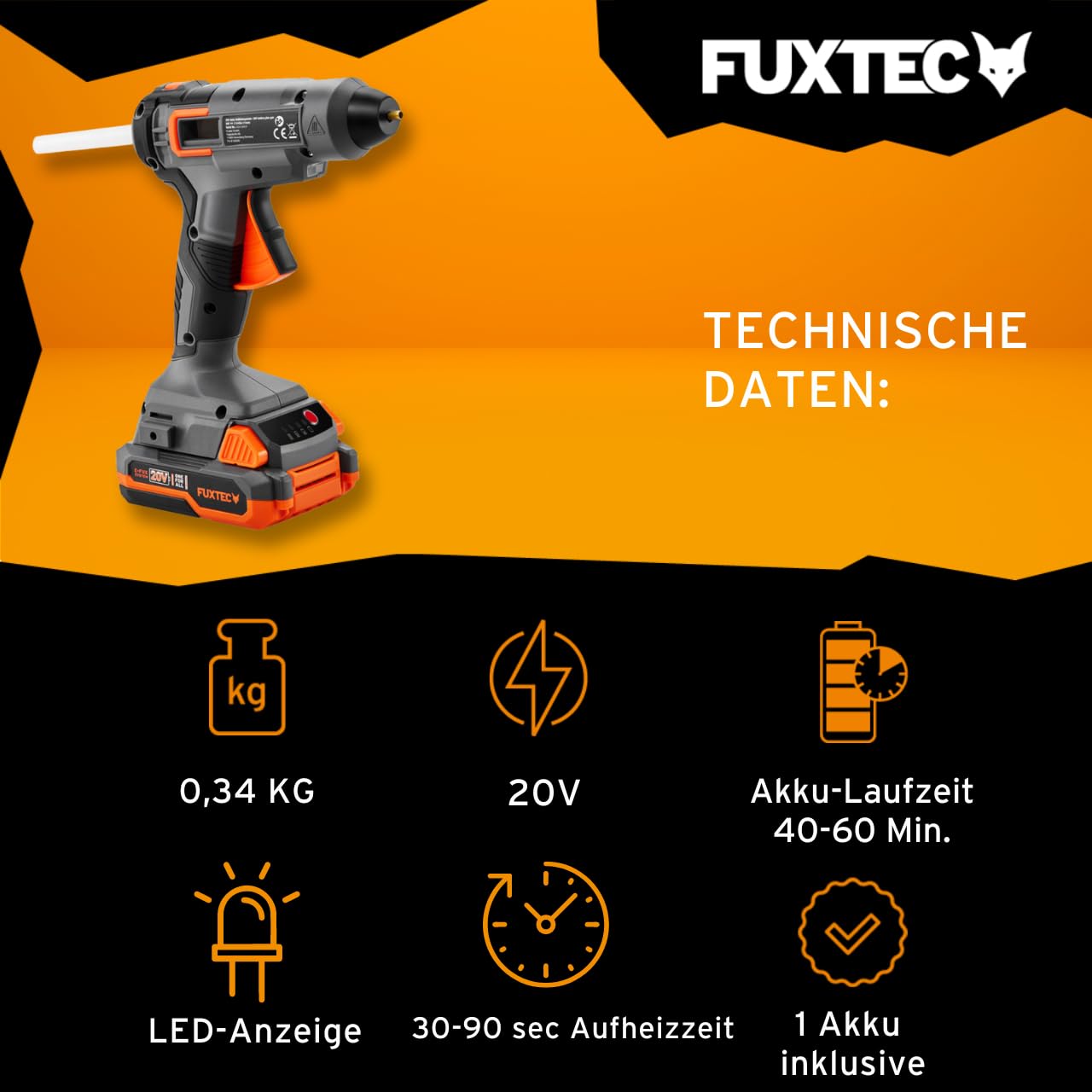FUXTEC 20V Akku HeißklebepistoleC FX-E1GG20-SET inkl. Akku und Ladegerät, Klebepistole für 11mm Klebesticks, automatische Abschaltung, starke Klebeleistung für Holz/Textilien/Keramik/Leder uvm.