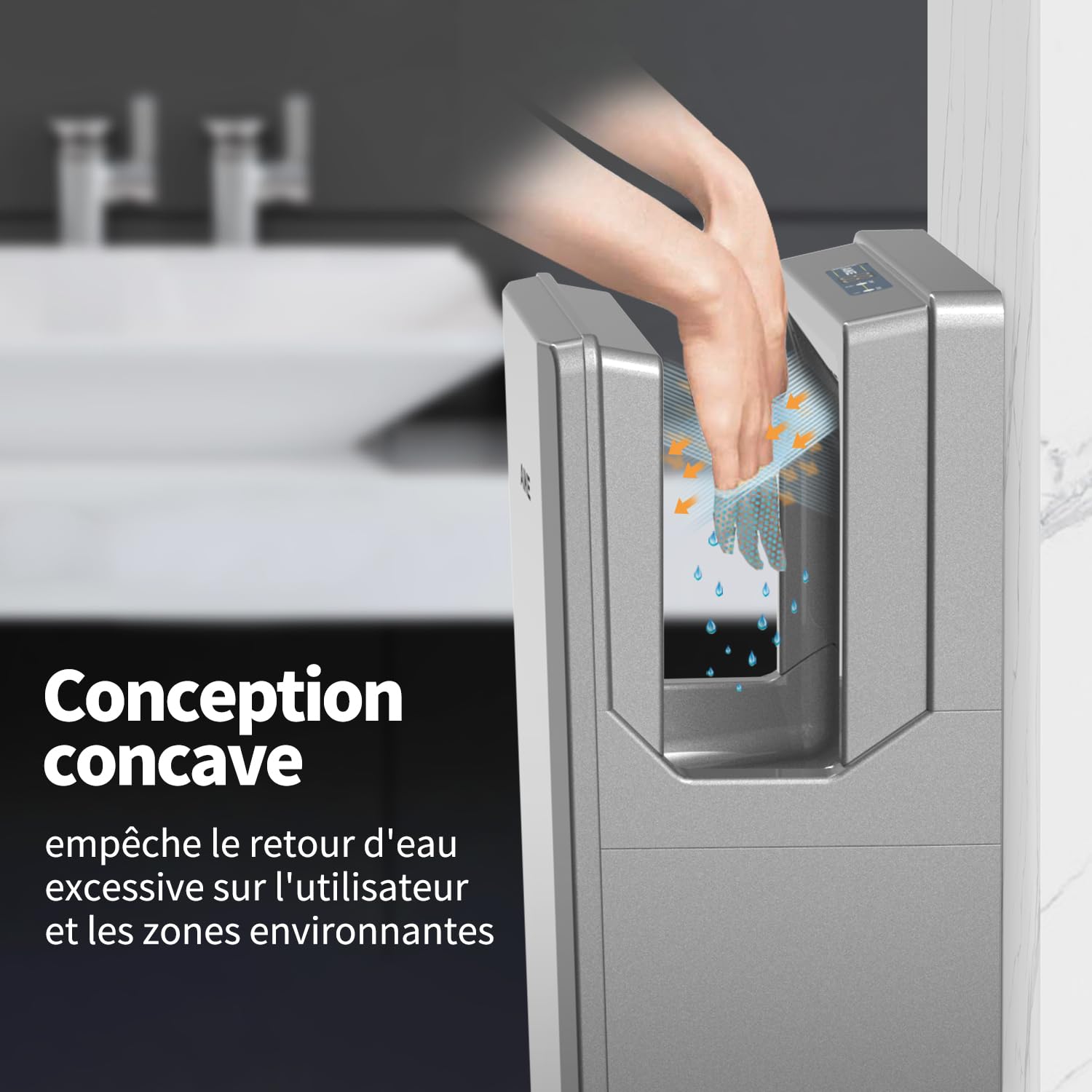 AIKE Swift Sèche-Mains Professionnel avec Filtre HEPA, Design Géométrique, Flux d'air 90M/S, pour Sanitaires à Fort Trafic, 1850W 220V Argent