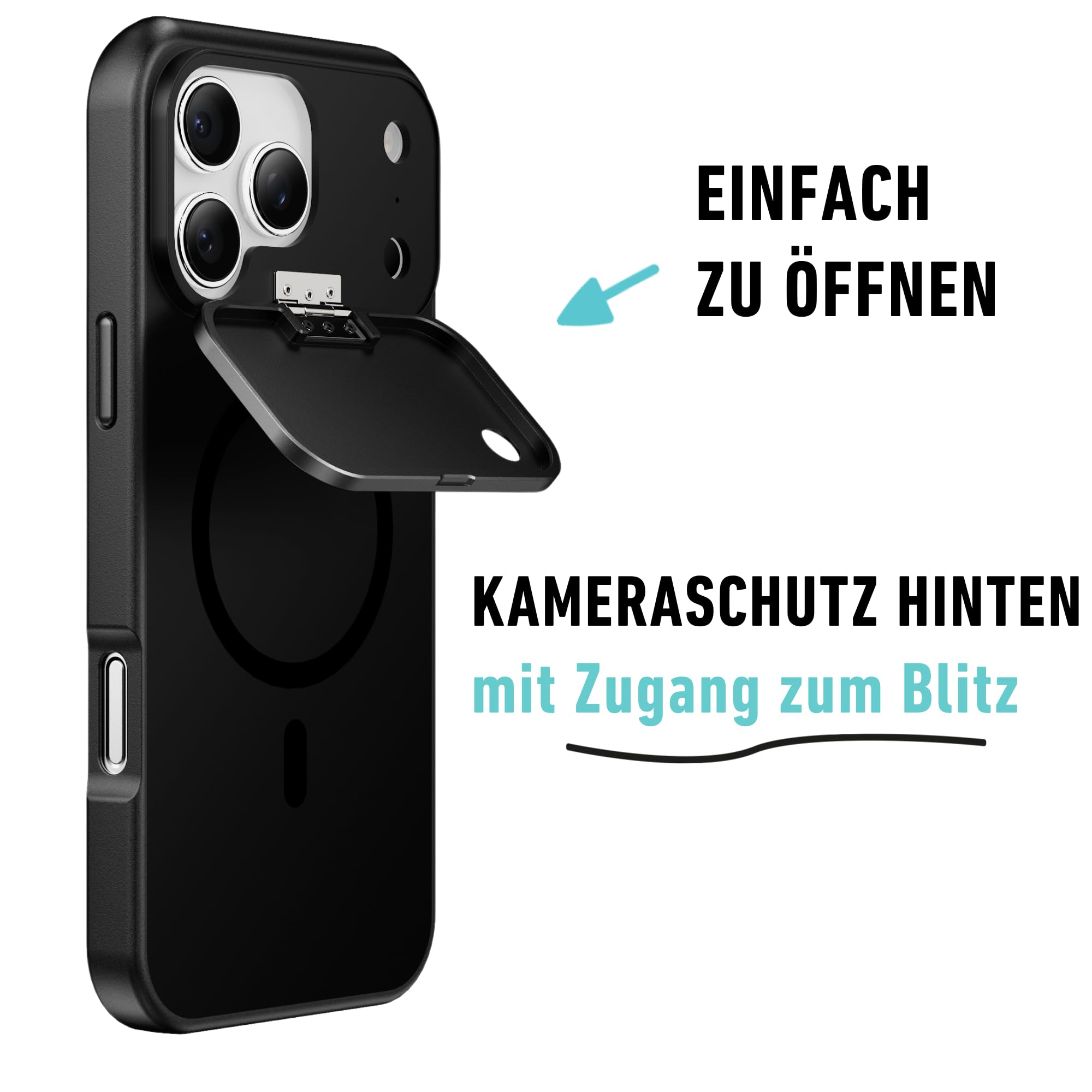 iPhone 17 Pro Hülle mit Kameraschutz | Handyhülle mit klappbarer Kamera Abdeckung vorne und hinten | Privacy Case | MagSafe kompatibel | 2 Meter Fallschutz | Kickstand | 6.3 Zoll