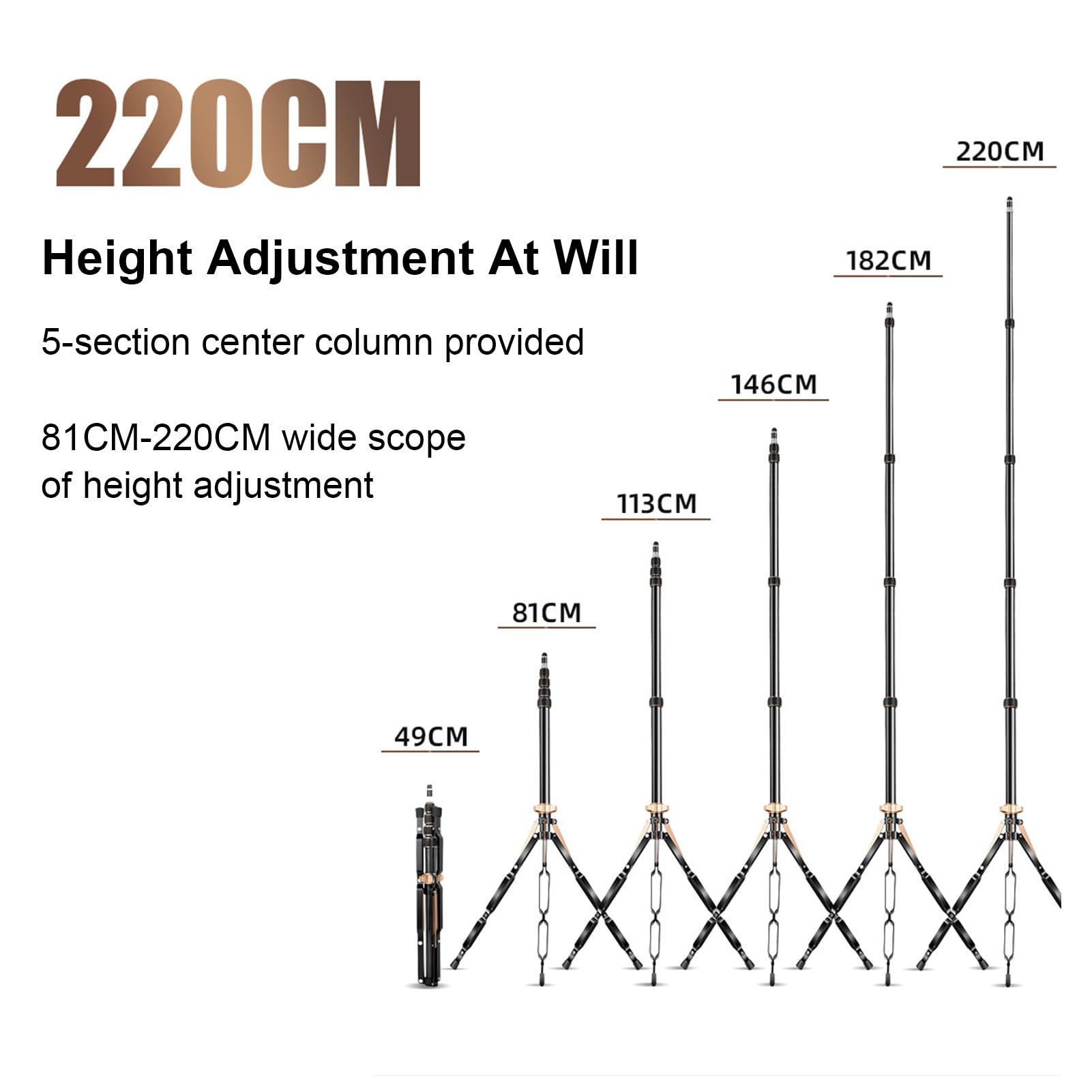 Jectse Trípode para Cámara, Soporte de Luz Compacto de Aleación de Aluminio de 81 Cm a 220 Cm con Columna Central Extensible y Bolsa de Transporte, para Grabación de Vídeo con Luz LED