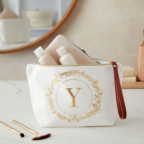 Miniatura 2 de Bolsa de maquillaje personalizada con inicial dorada para mujer, bolsa de cosméticos de lona con monograma, color blanco, Blanco, Dorado, Y