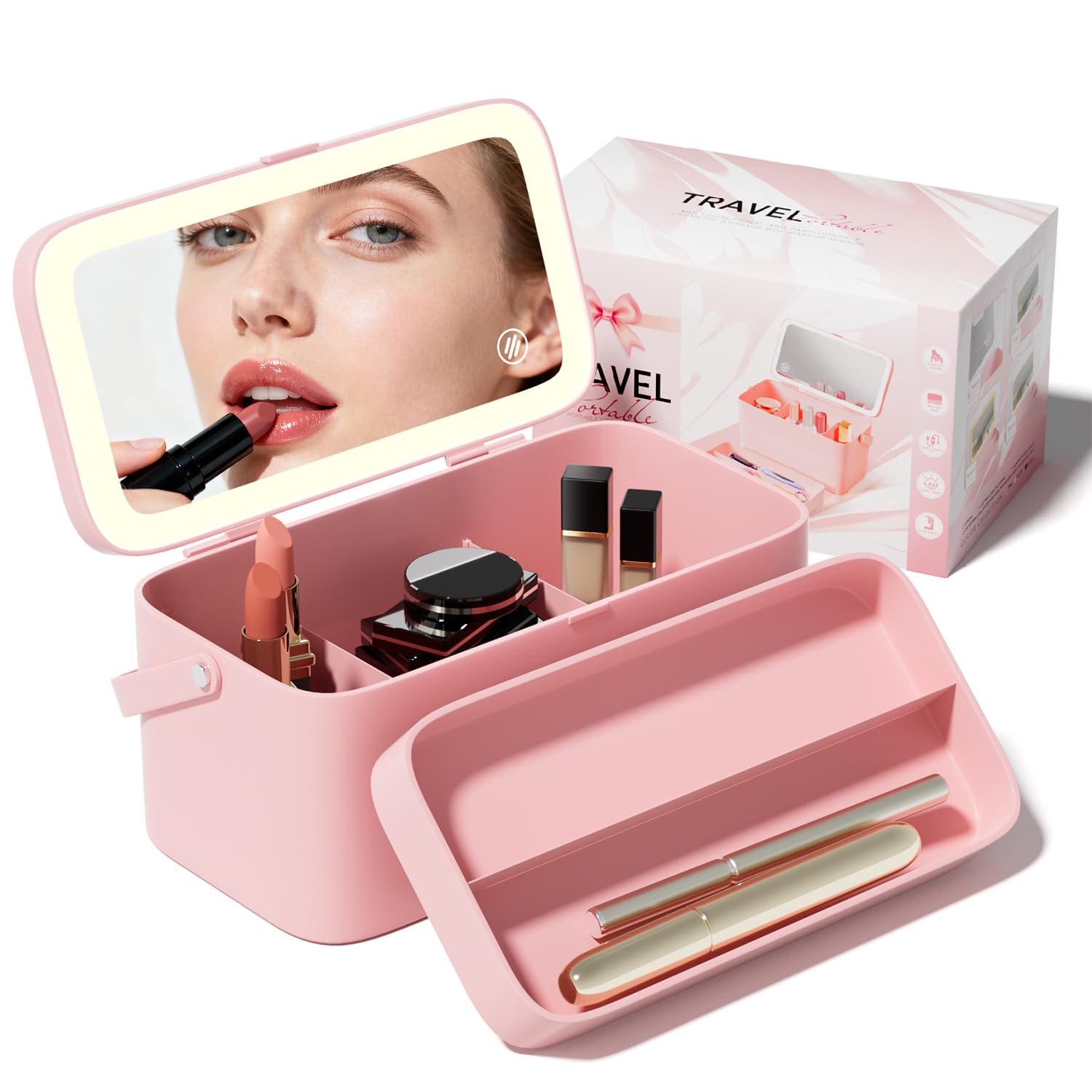 Buqikma Makeup Mirror with lights-Vanity Mirror with Lights, 3 Color Lighted Makeup Mirror, Makeup Case with Mirror DIY Partition, Rechargeable Mirror with Compartments Gift for Women(Pink)