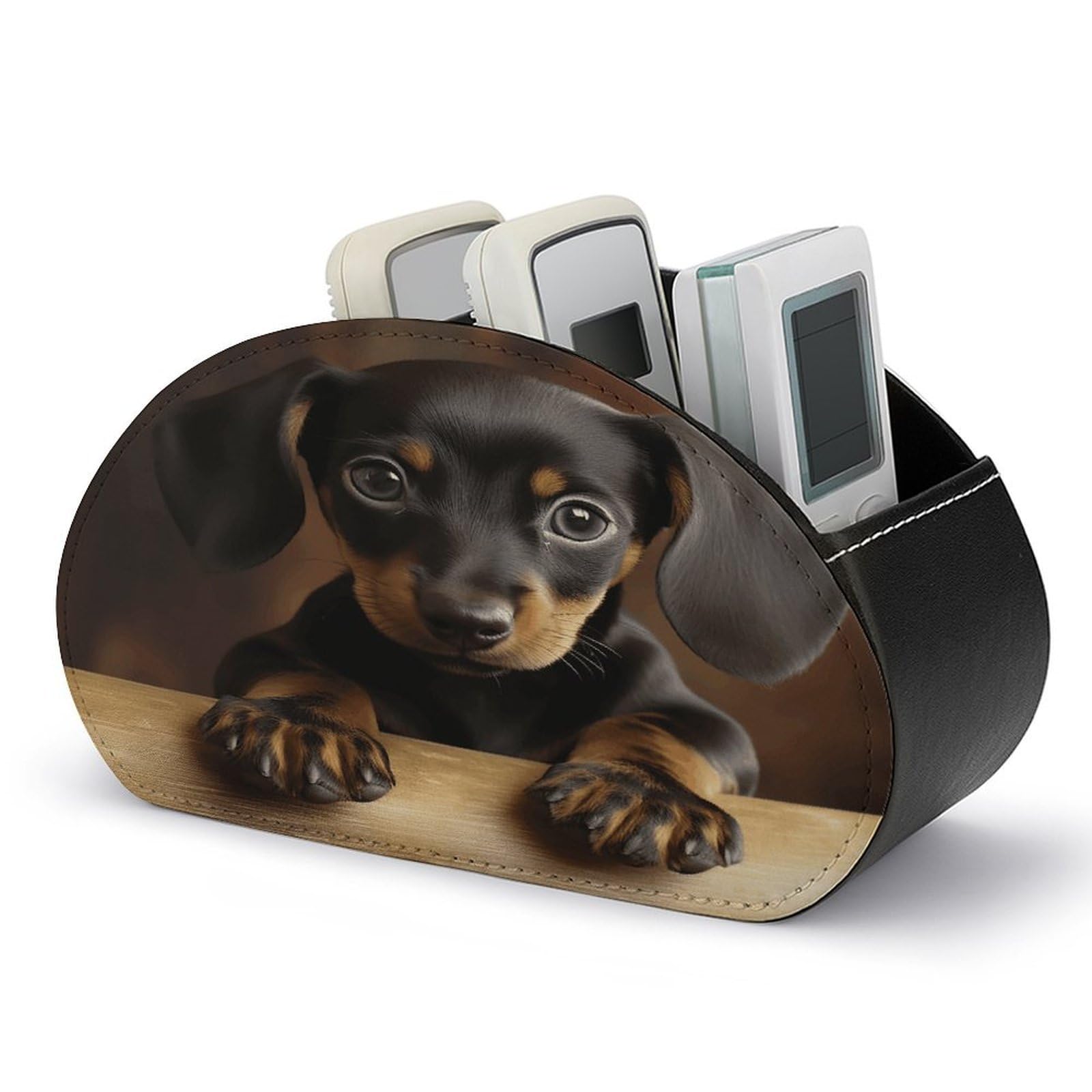 VstaDank Dog Dachshund Remote Control Holder Farmhouse TV Media Remote Storage Box with 5 Compartments PU Leather Remote Caddy Desktop Organizer for Home Bedside Table Organizer