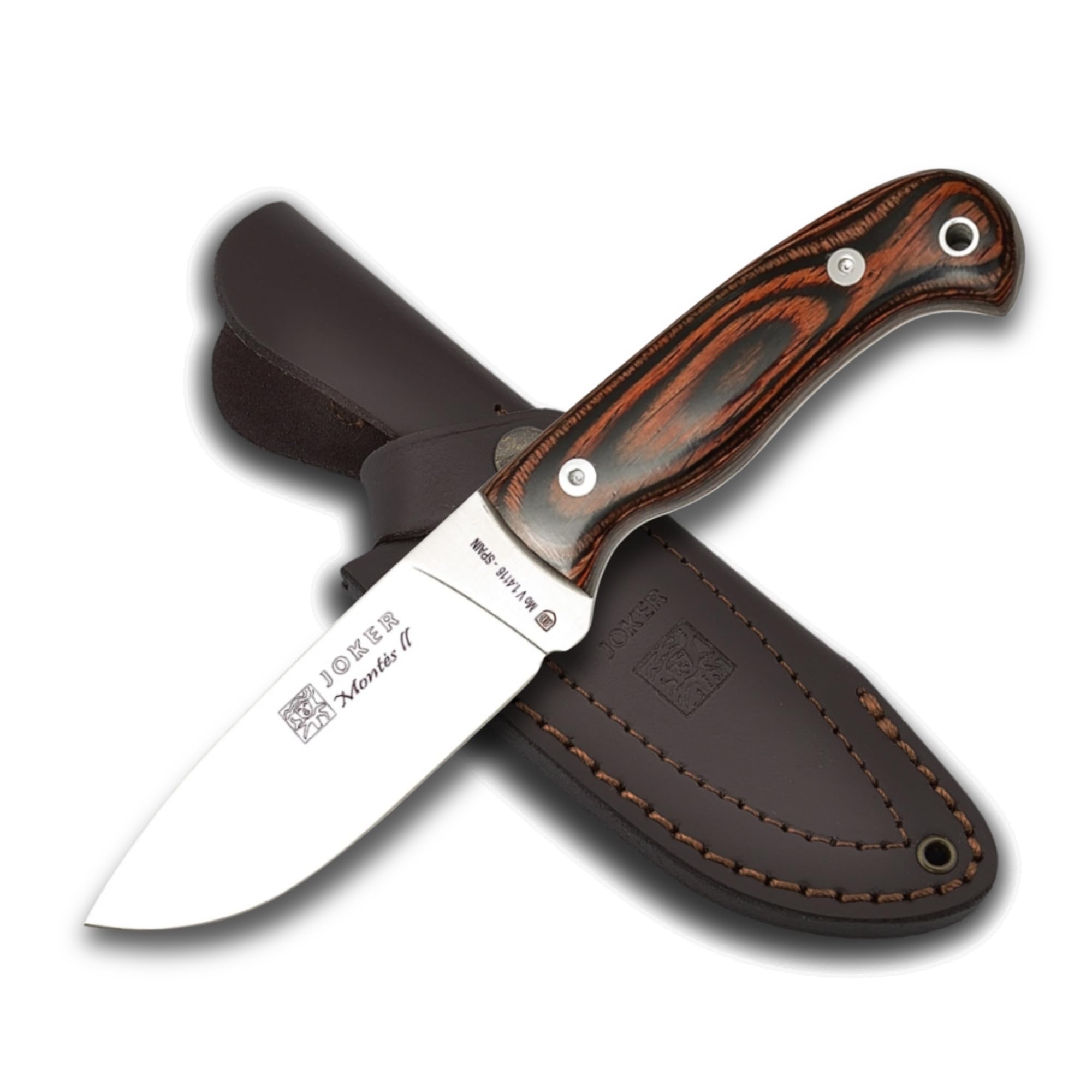 "Montés II CR58 Hunting Knife with Stamina Wood Handle, 4.33 inches Blade, with Brown Leather Sheath, Tool for Fishing, Hunting, Camping and Hiking
