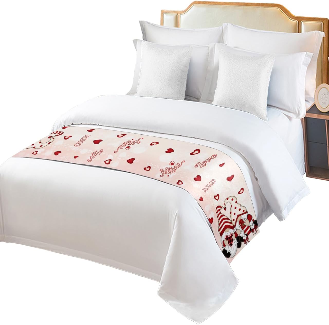 Bed Runner Scarf, Valentine's Day Gnome Love Heart Rose Floral Pink King Bed Bedding Scarves Cover Decorative Bed Scarf for Home Hotel Guesthouse Bedroom Wedding Room Guestrooms 71"x20"