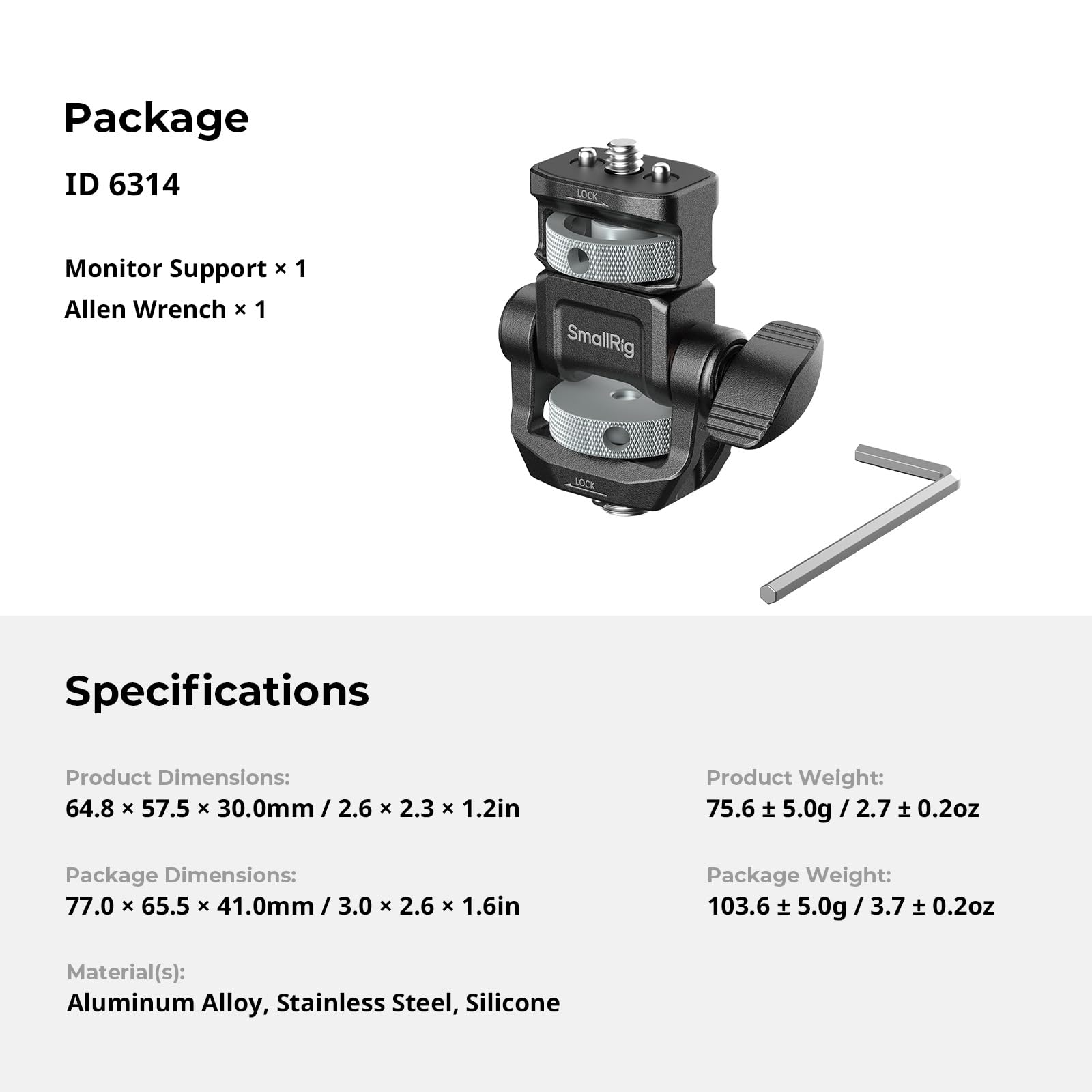 SMALLRIG Supporto regolabile per monitor ARRI, girevole a 360° e inclinabile a 180°, vite di posizionamento da 3/8"-16" per ARRI, vite di posizionamento da 1/4", riprese orizzontali e verticali - 6314