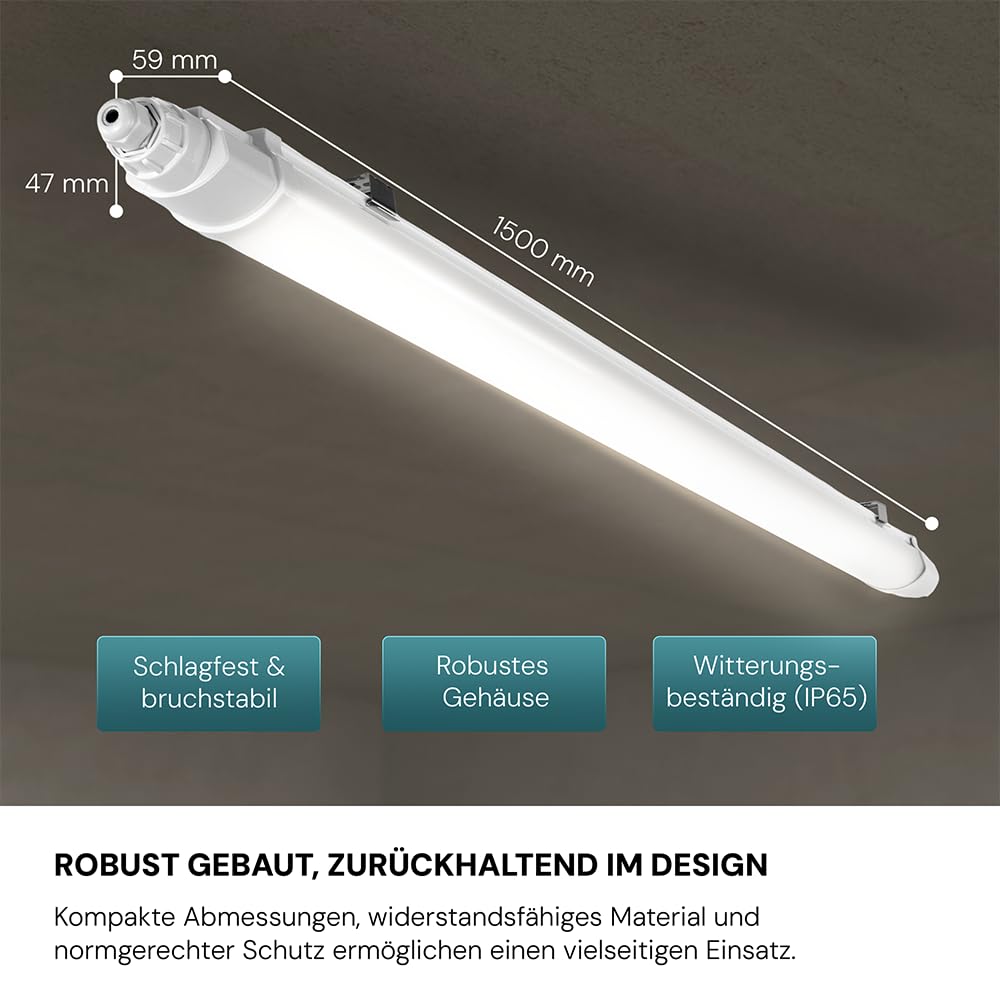 LUXULA 4x LED Feuchtraumleuchte 150cm Wannenleuchte SLIM 48W 4000K Neutralweiß 5760lm - Verknüpfbar - IP65 Wasserdicht - LED Deckenleuchte flach Kellerlampe Garagenlampe - Reihenschaltung