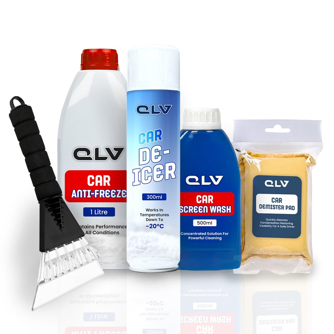 QLV Winter Car Kit - Car Accessories: Ice Scraper, De-Icer Spray, Windscreen Washer Fluid, Anti-Freeze & Demister Pad - Effective Snow & Ice Removal for Safe Winter Driving