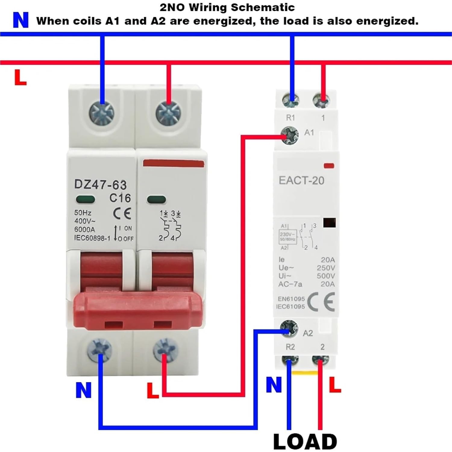 2NO Wiring Schematic for EACT-4P-100 AC Contactor