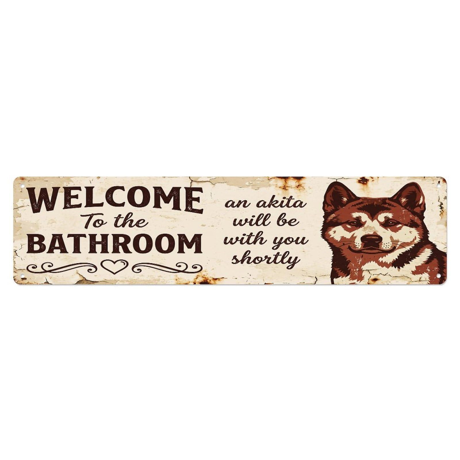 Vintage WELCOME To The BATHROOM Akita Dog Metal Tin Sign