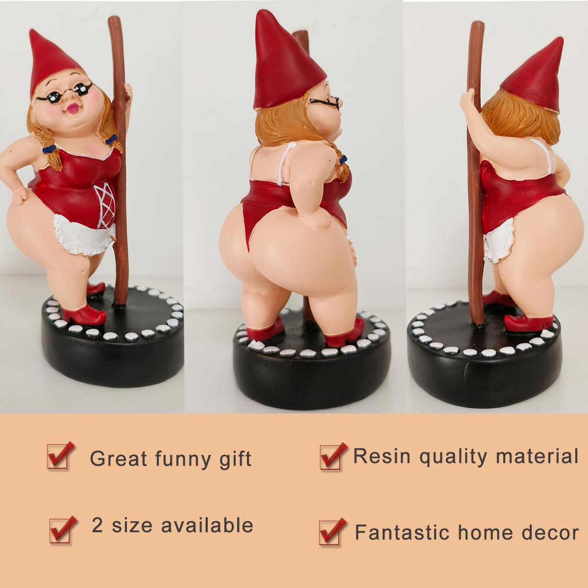 Myqiqi Pole Dancing Gnome Statue Funny Gnome Garden Ornament for Fairy Garden or Home Décor Two Size 12cm and 17cm (RED-S) - Image 3