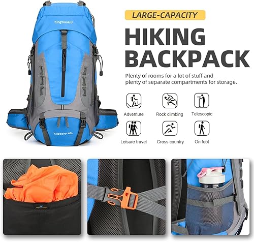 Miniatura 4 de King'sGuard Mochila de senderismo ligera de 60 L con cubierta para lluvia, mochila grande impermeable plegable para viajes al aire libre para