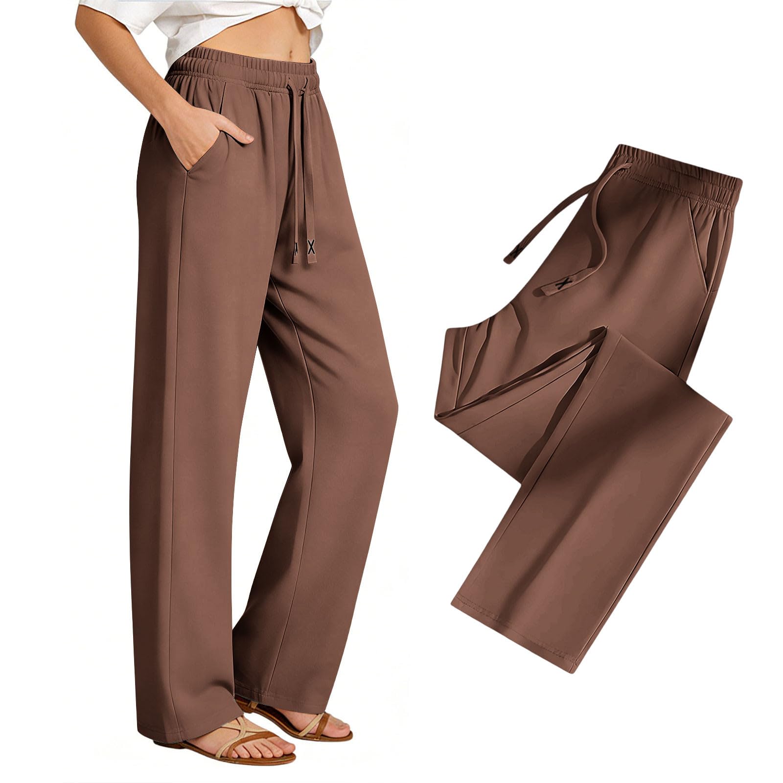 Brown Joggers for Women UK Quick-Dry Straight Leg Long Trousers Pockets