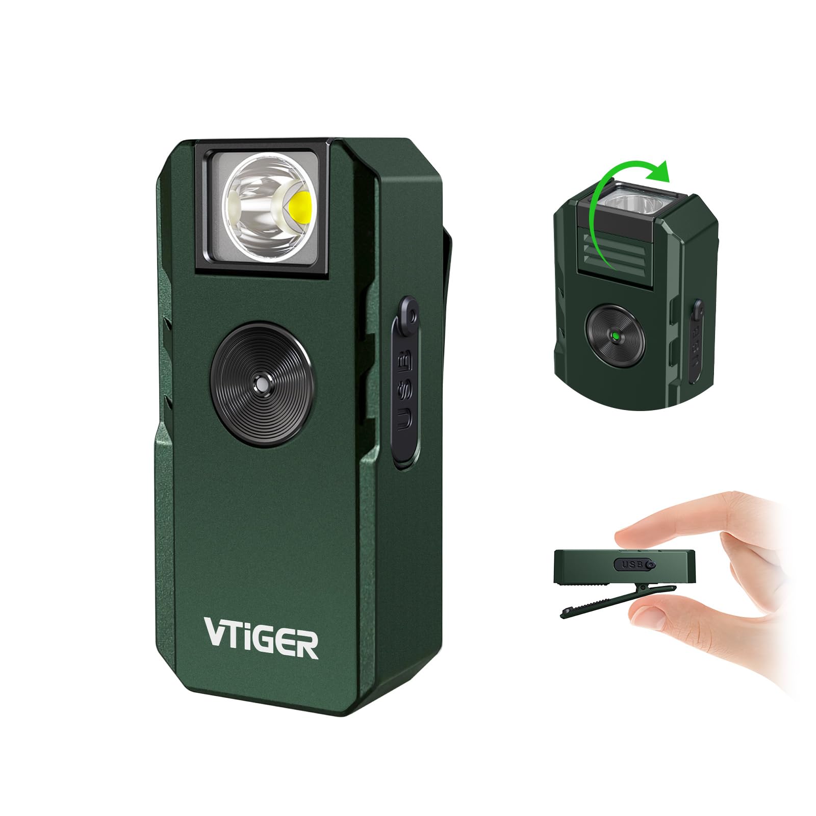 VTIGER C1 Linterna EDC recargable con clip, 1300 lúmenes, potente luz de clip giratoria, multimodo, IPX6 impermeable, pequeñas luces magnéticas de bolsillo para ciclismo, trabajo, emergencia, señal