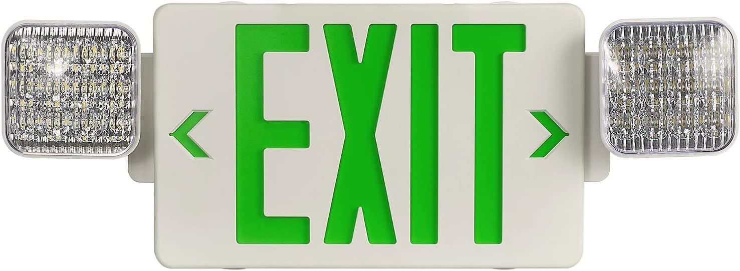 TANLUX Green Exit Sign with Emergency Lights, LED Exit Light - Battery Backup, UL Listed, AC 120/277V - Commercial Emergency Light Combo