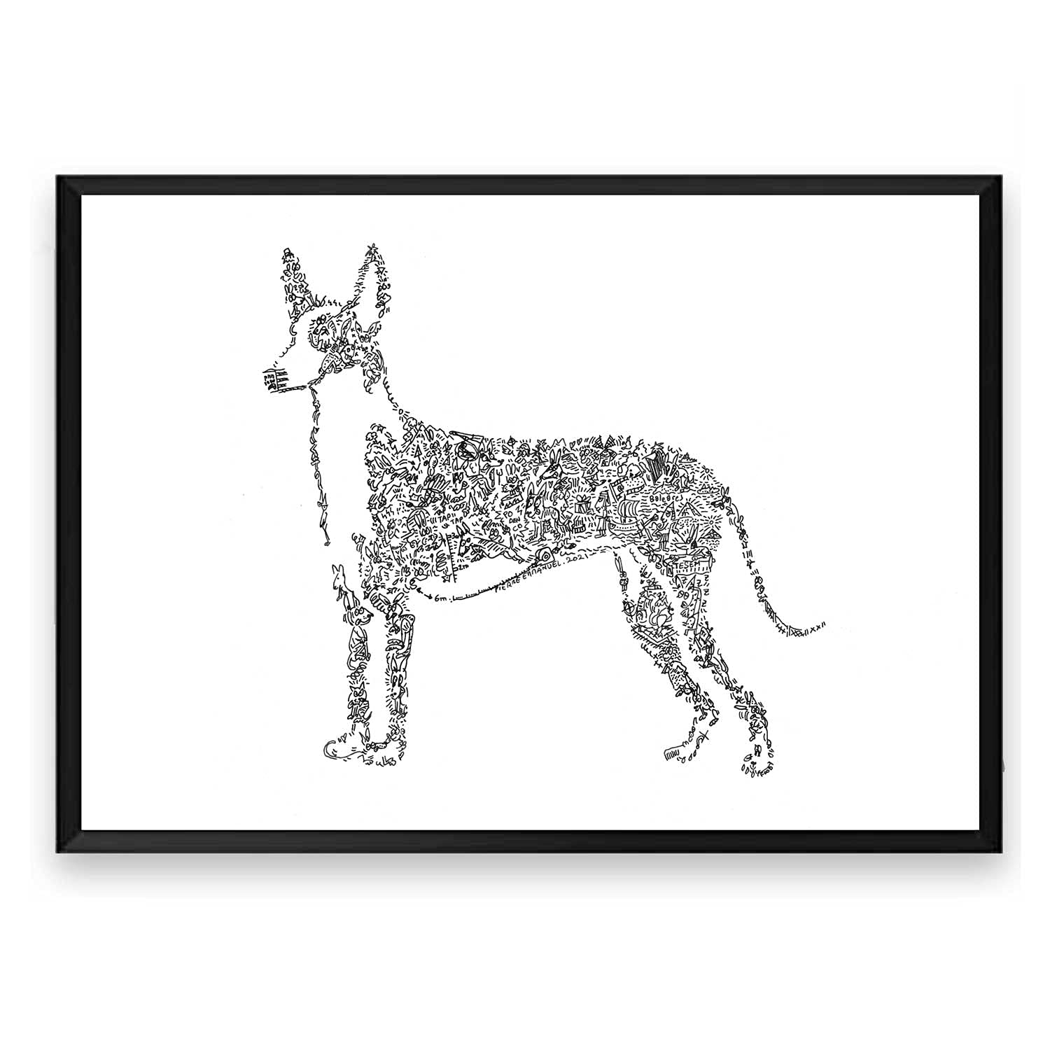 Poster du Podenco d'ibiza - Affiche chien de garenne des Baléares - Stencil bande dessinée - dessin biographie dans la silouhette - Handmade Graffiti Street Art Charnegue Charnegui (50x70cm)