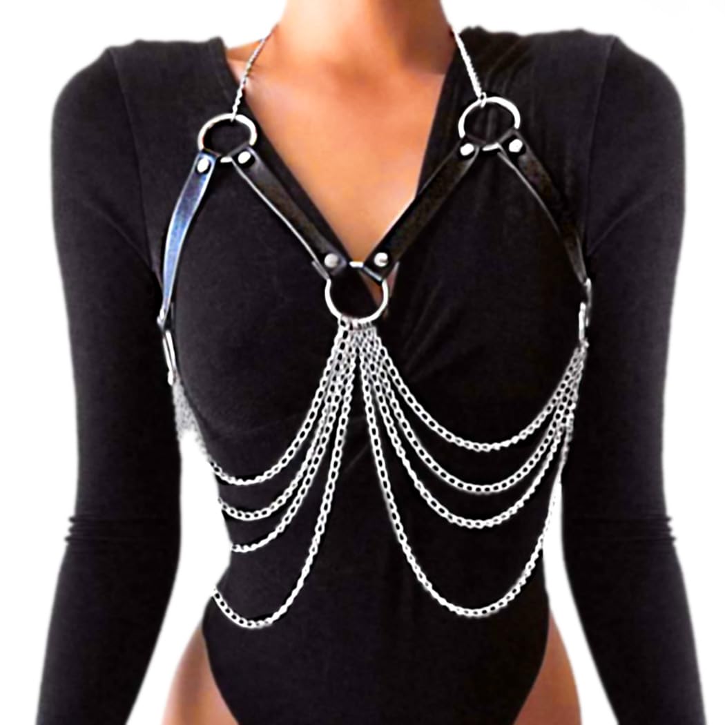 REETAN Chest Chain Belt Rave Fashion Goth Leather Body Harness for Women