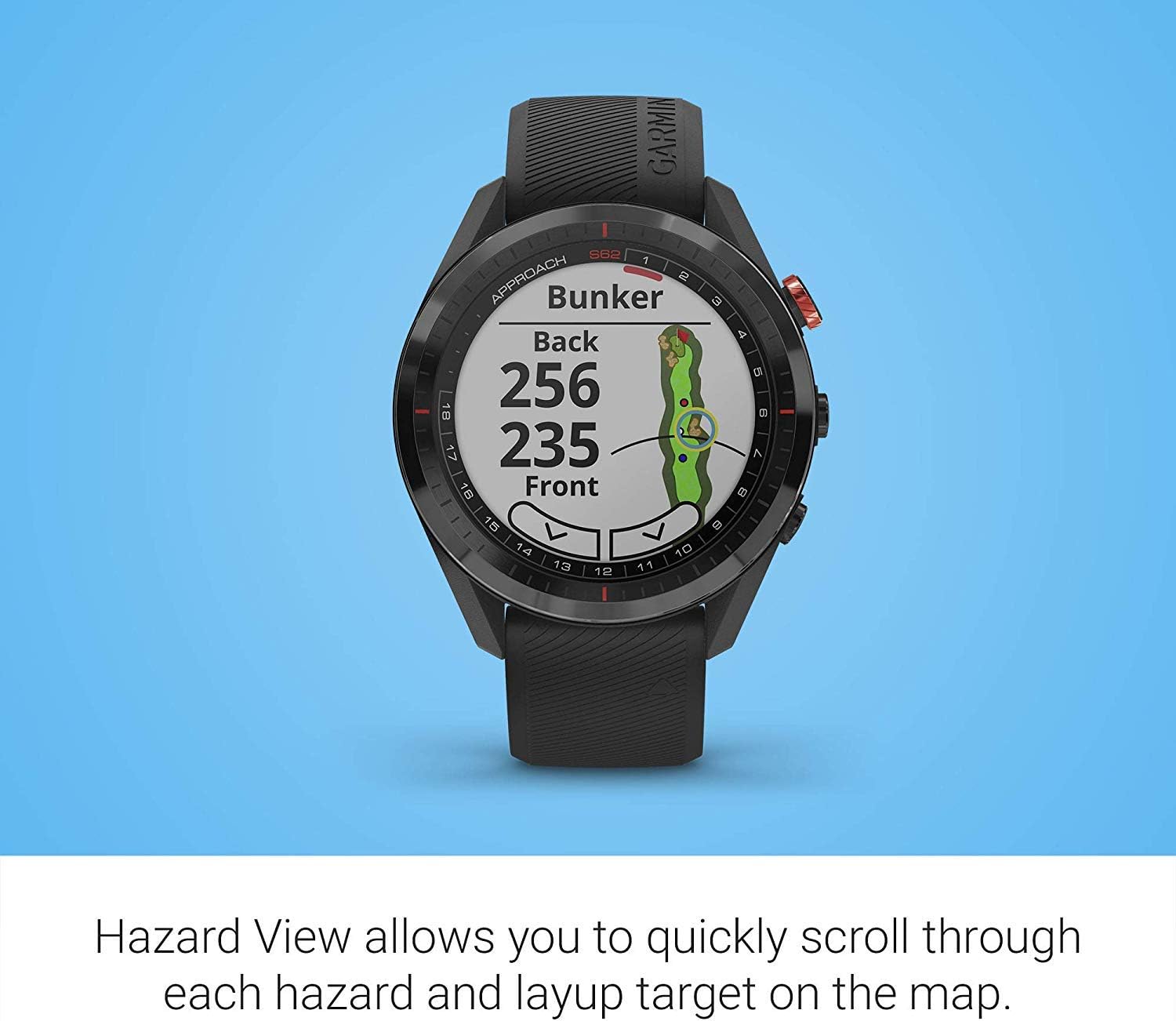 Garmin Approach S62 watch displaying Hazard View for a bunker