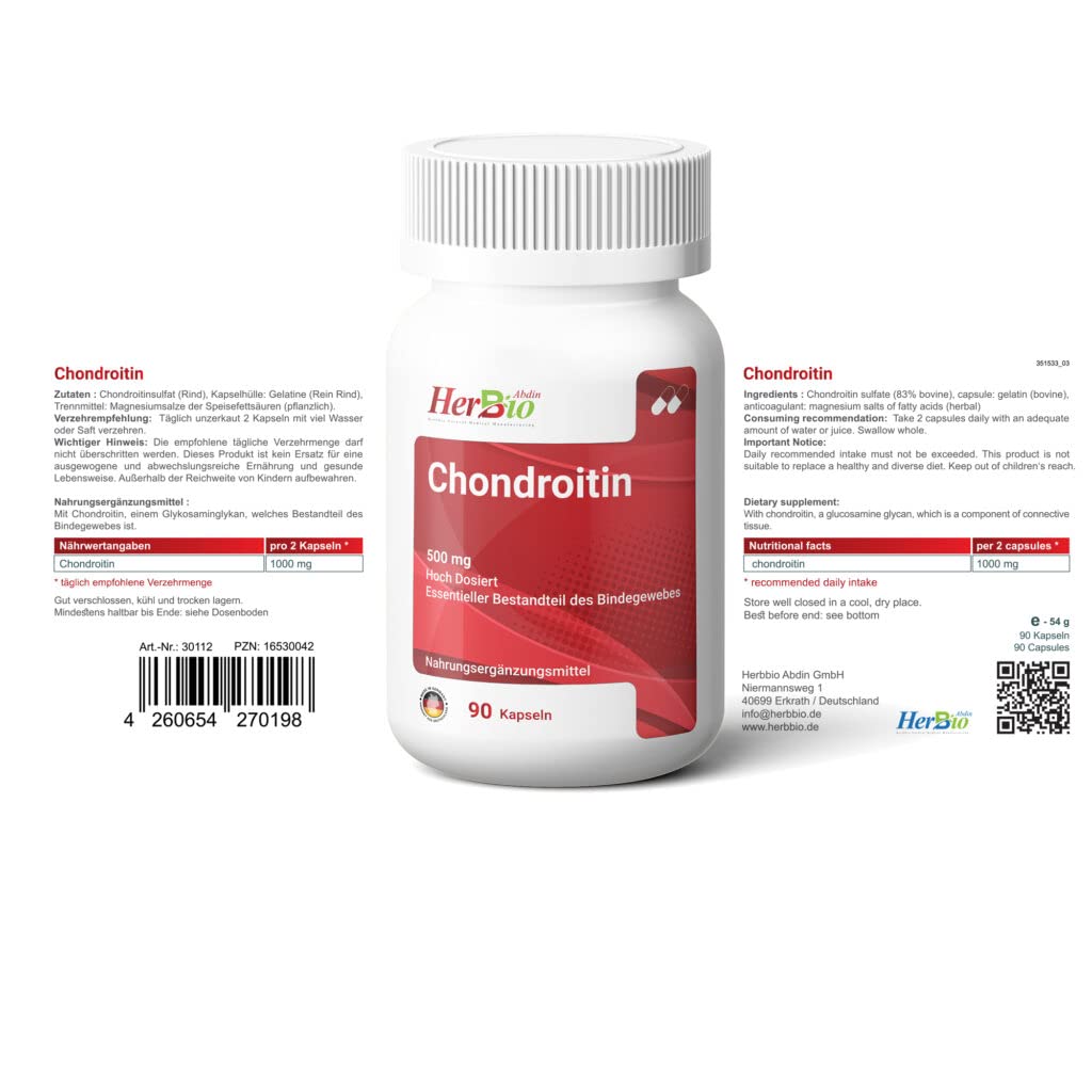 Chondroitin 90 Kapseln je 500mg | Hochdosiert, Laborgeprüft, Ohne unerwünschte Zusätze, Premium Nahrungsergänzung