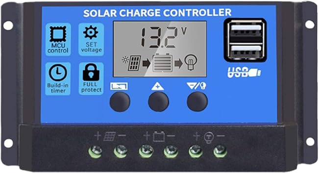 Solar Charge Controller 12V/24V LCD Display Battery Regulator Dual USB for Solar Panel, Charge Controller, Auto Parameter Adjustable,Timer Setting, PWMBlue, 30A