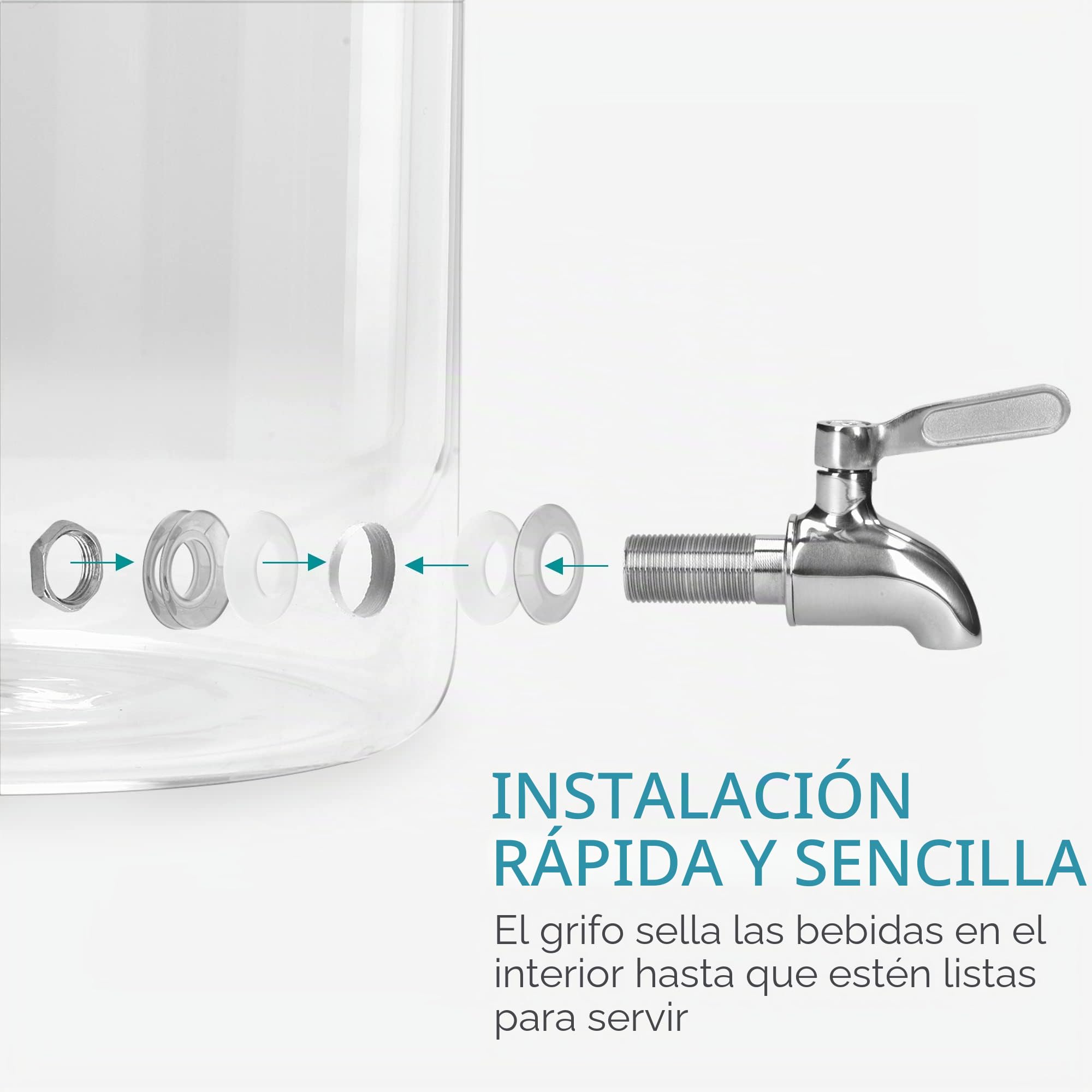 Navaris Dispensador de Bebidas con Grifo - Recipiente de Vidrio de 5 L - Botella de Cristal con Base metálica - Garrafa de Cristal con dosificador