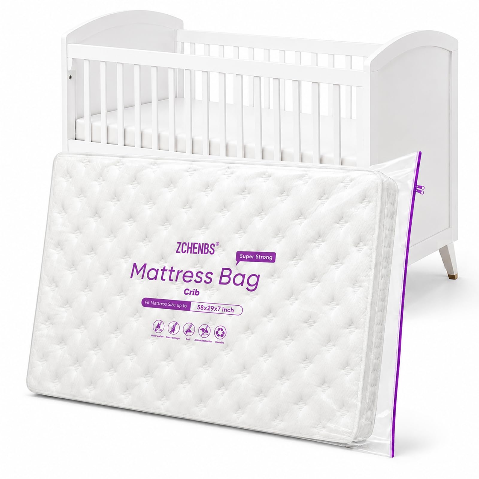 ZCHENBS® - Crib Mattress Bags for Moving, Waterproof Mattress Storage Bag with Zipper, Heavy-Duty 5 Mil Ultra-Thick Crib Bed Protector Bag Cover for Moving, Reusable (Transparent/Purple, 1 Pack)