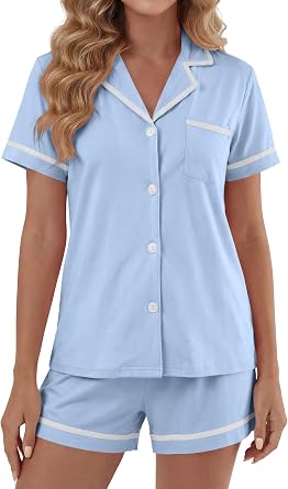 LYANER Women's Cotton Pajamas Set Button Short Sleeve Shirt with Shorts Set PJs Loungewear