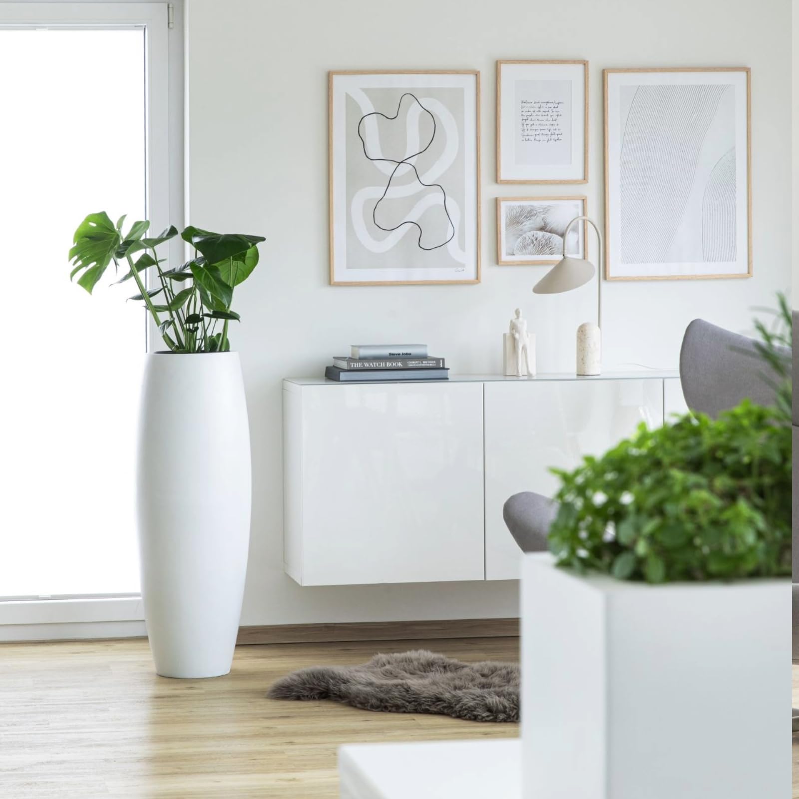 VIVANNO Pflanzkübel Bodenvase Fiberglas Magnum Weiß Matt - 80x23