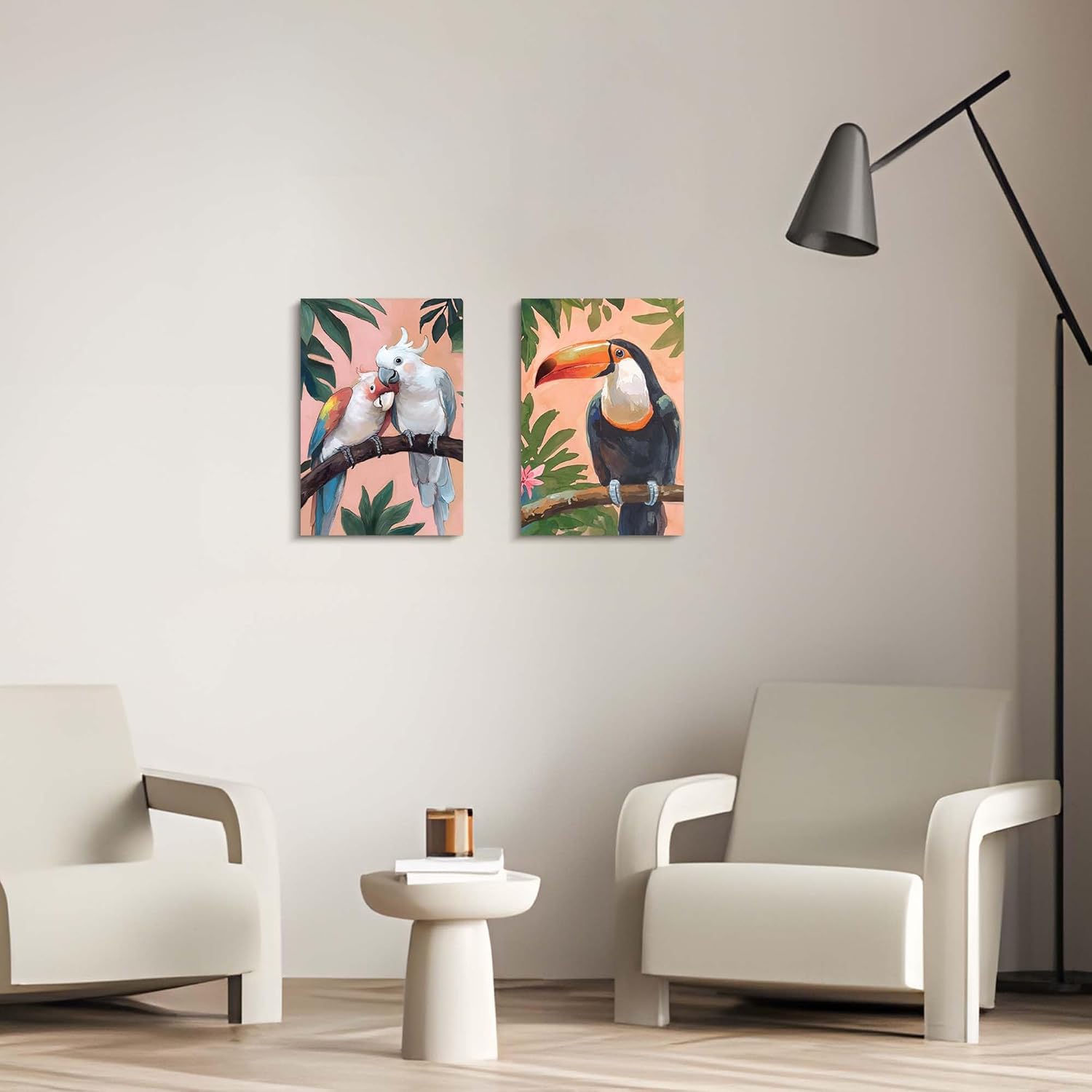 TAR TAR STUDIO Parrots & Toucan on Branch Canvas Wall Art Set - Ideal for Bedroom, Living Room, Office Decor 16"x11" 2 Panels