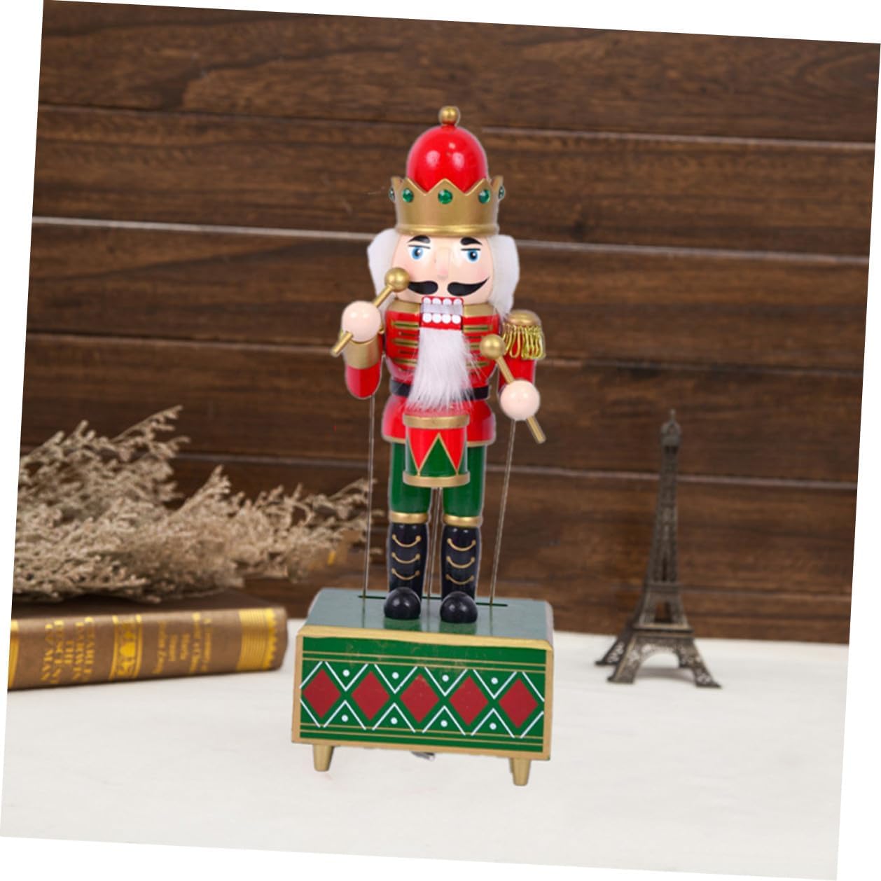 32cm Red Wooden Nutcracker Music Box with Drum Traditional Xmas Nutcracker Ornaments Christmas Decoration Musical Box Decor for Holiday Home Display