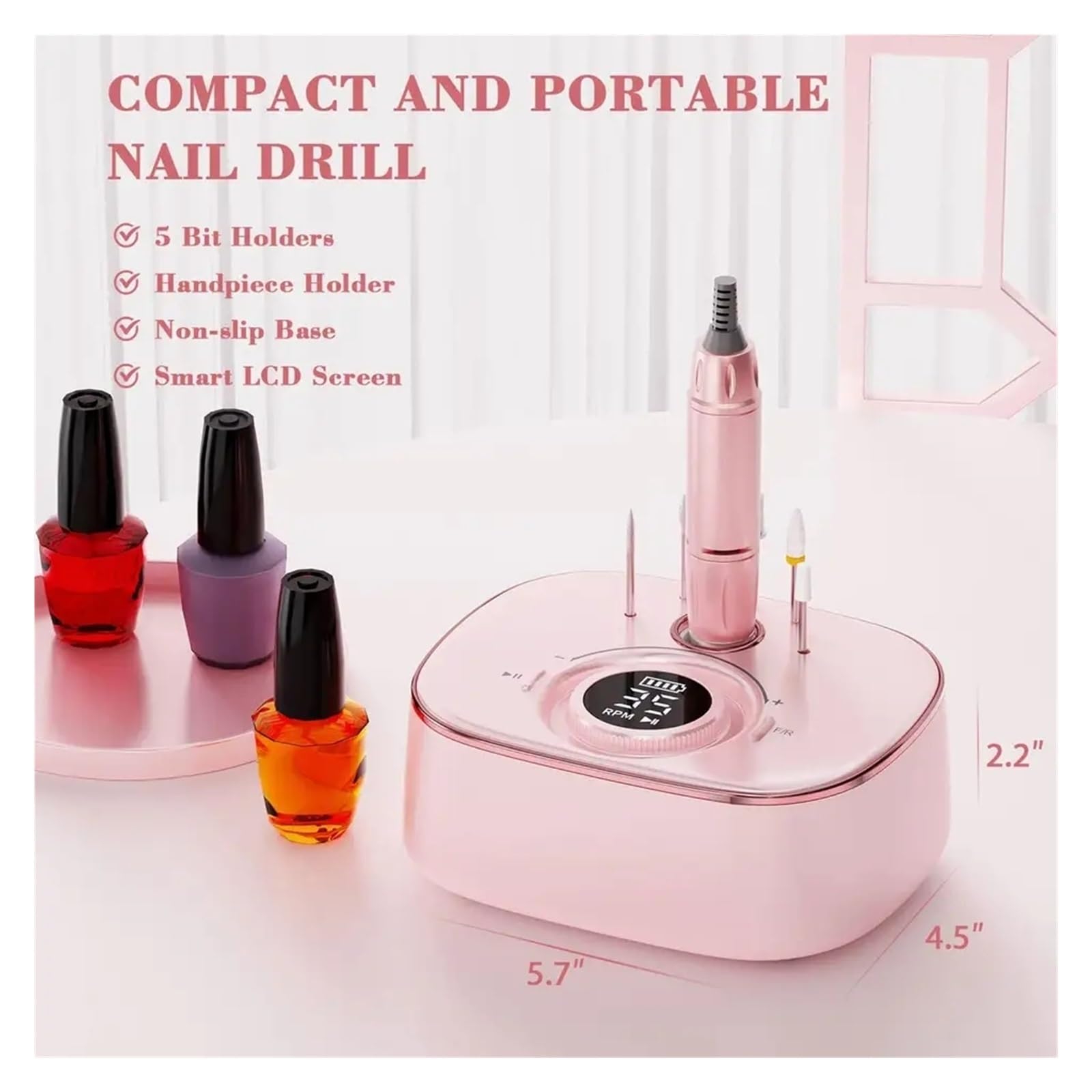 Frezarka do paznokci, Elektryczny pilnik do paznokci do paznokci akrylowych, elektryczna maszyna do manicure, przenośny frez(Pink)
