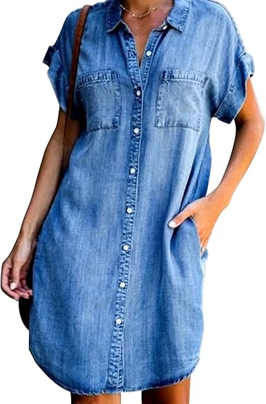 Women Summer Denim Dresses Button Down 
