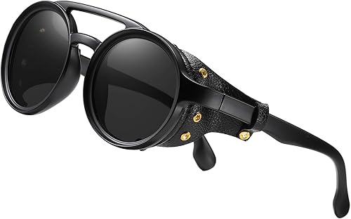 KEITHION Gafas de sol redondas vintage estilo steampunk para hombres y mujeres con lentes laterales de cuero
