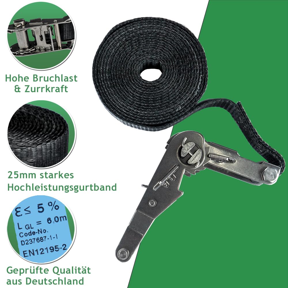 Spanngurte-Set, 6 m mit Ratsche, schwarz (4 Zurrgurte) | Verzinkter Stahl, 1.500 daN Zurrgurt, einteilig, DIN EN 12195-2