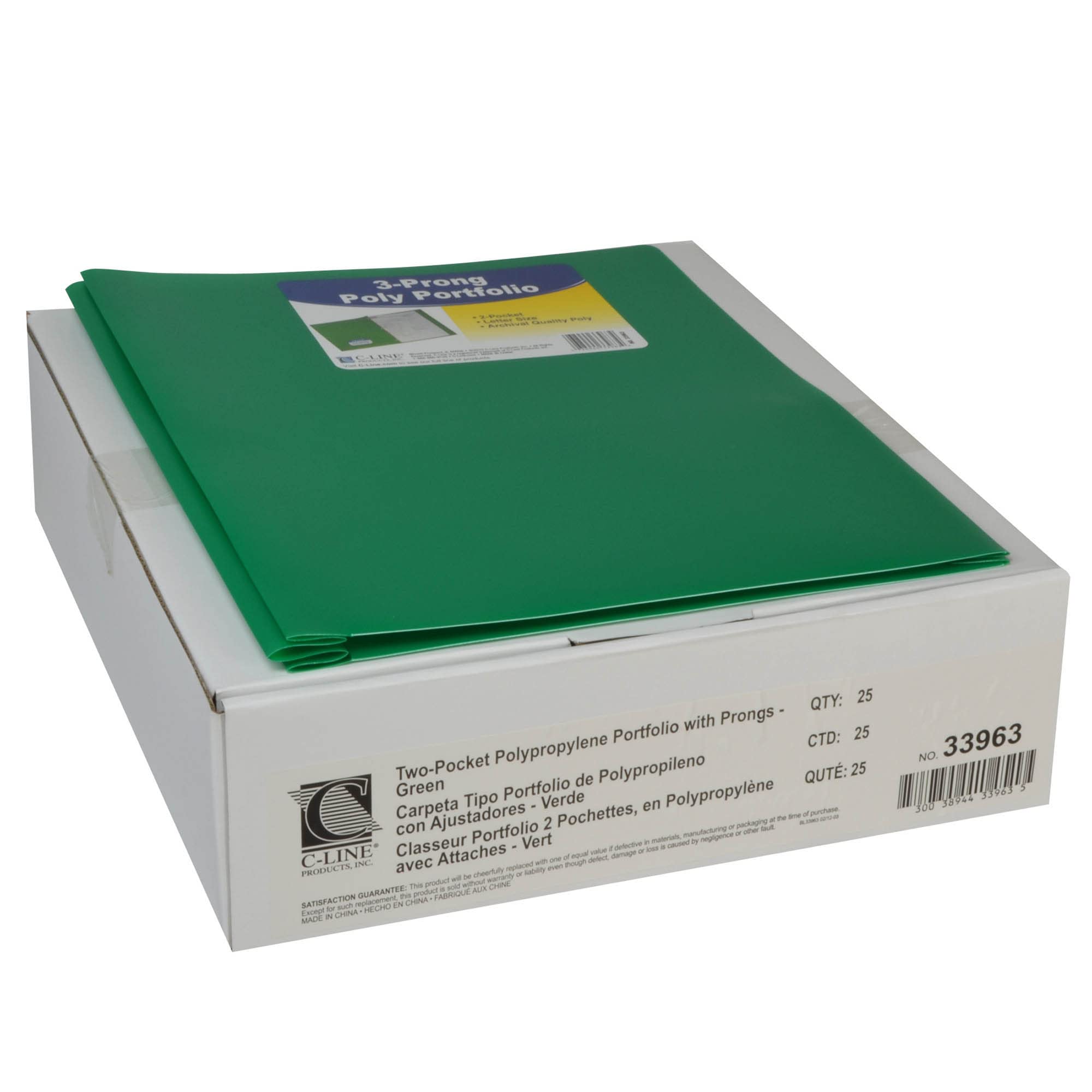 C-Line Two-Pocket Heavyweight Poly Portfolio with Prongs, For Letter Size Papers, Includes Business Card Slot, 1 Case of 25 Portfolios, Green (33963-