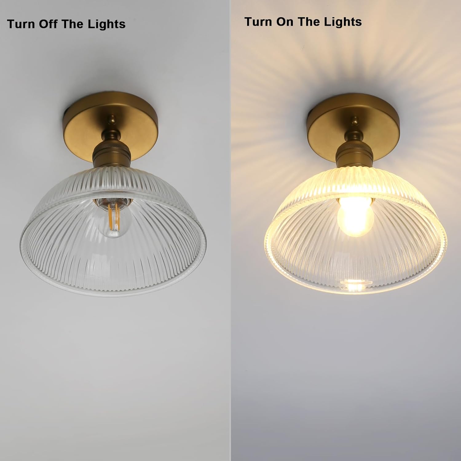 Yosoan 1-Light Vanity Indoor Hallway Ceiling Light, Flush Mount Single Modern Hardwired Vintage Industrial Retro Clear Striped Bowl Shade Farmhouse Lamp for Corridor Kitchen Bathroom Bedroom(Antique)