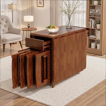 Folding Drop Leaf Dining Table and Chairs Set 4 Seater, Ready Assembled Space Saving Foldable Solid Wood Kitchen Table with Storage and Lockable Wheels Walnut, 150 cm Table with 4 Chairs