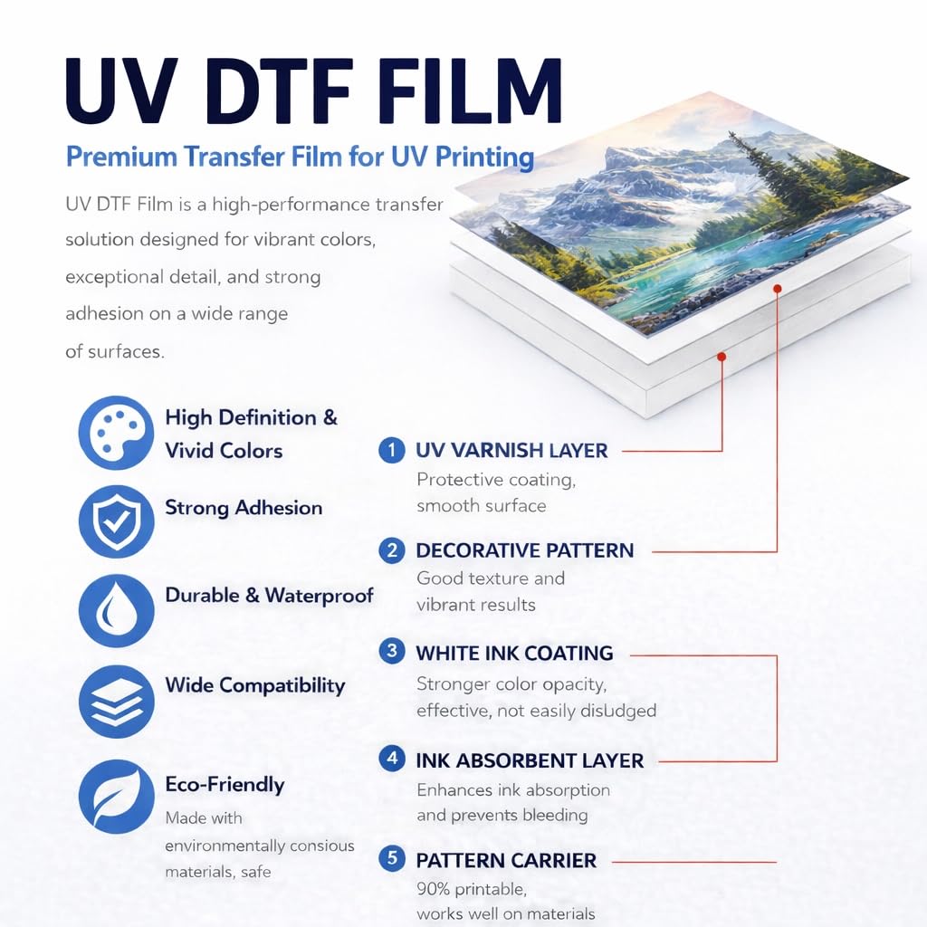Folia transferowa UV DTF w rolce A3, 50 arkuszy, biała folia transferowa do drukarek atramentowych UV, żywe kolory, wytrzymała i wodoszczelna, do T-shirtów, tekstyliów, szkła, metalu