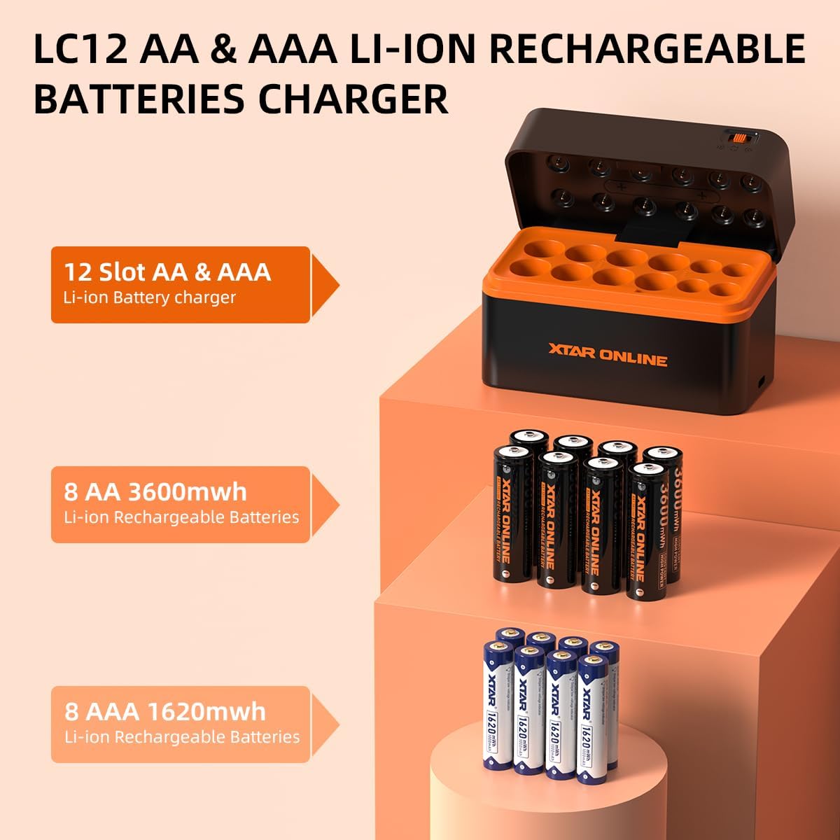 XTAR Complete Rechargeable Battery Kit with Charger: 8AA 3600mWh + 8AAA 1620mWh 1.5V Li-ion Batteries and LC12 Smart Charger for Household Devices, Game Controllers, and Remote Controls