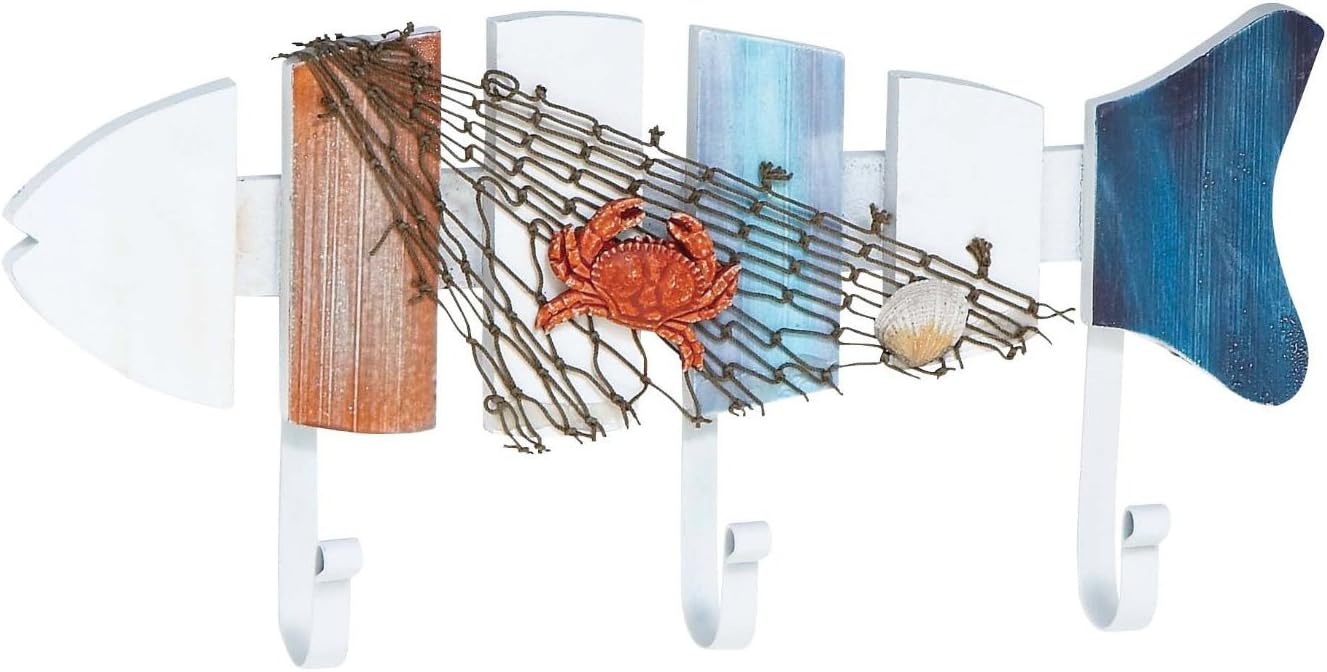 Three Hook Wall Rack, Wood Fish Nautical Decorative Sign Plaque, 14-inch, White Blue Red