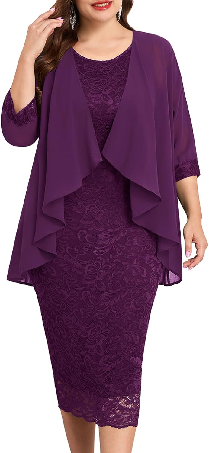 Plus Size Mother of The Bride Groom 2 Piece Suit Lace Dress with Chiffon Jacket Elegant Set Formal Wedding Guest