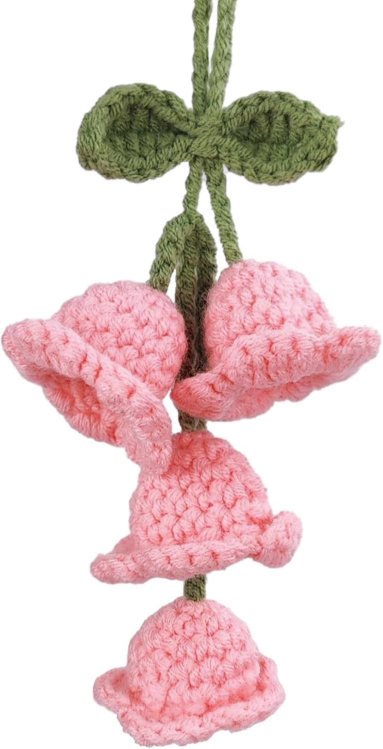Cute Car Decor - Cute Car Accessories for Women, Pink Crochet Plant Car Mirror Hanging Accessories, Aesthetic Flower Rearview Mirror Charm, Girly Car Decorations Interior