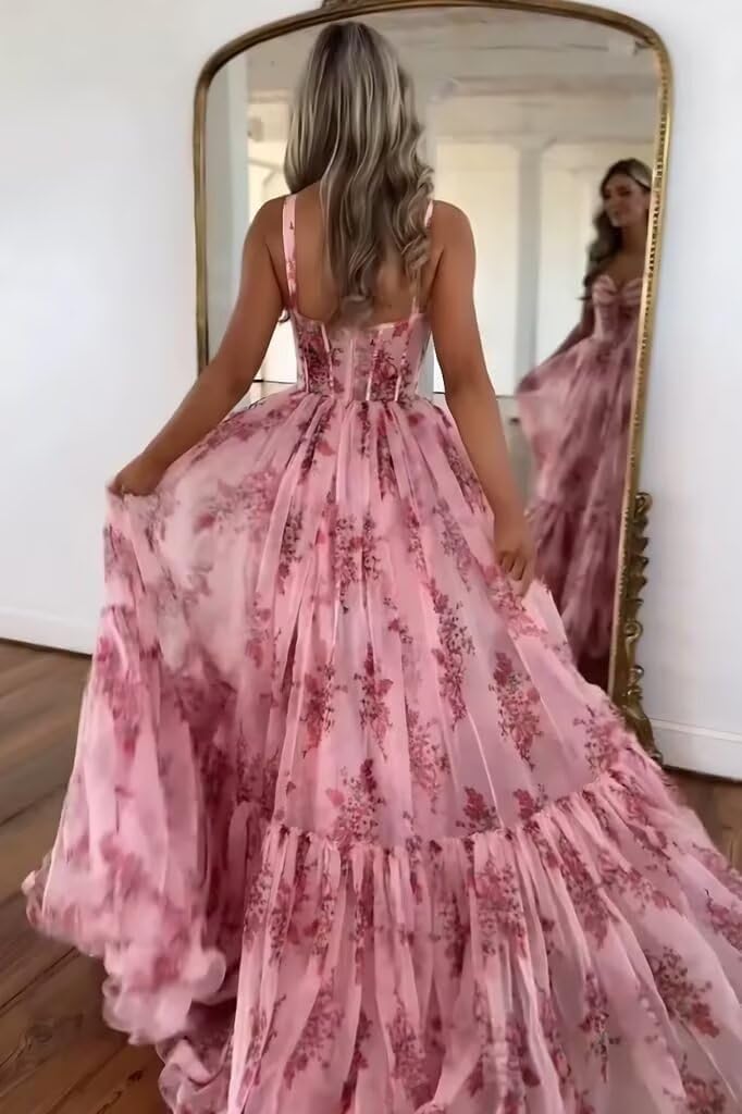 Women's Printed Floral Chiffon Prom Dress Spaghetti Straps A Line Long Ruffles Bridesmaid Evening Formal Ball Gowns